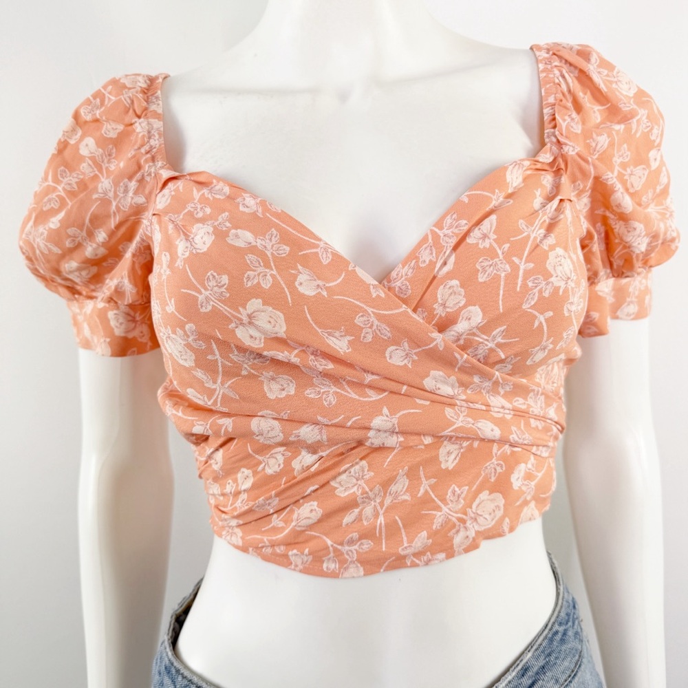 Blue Life Peach Pink Floral Cropped Blouse Wrap Top Size S Coquette Beachy